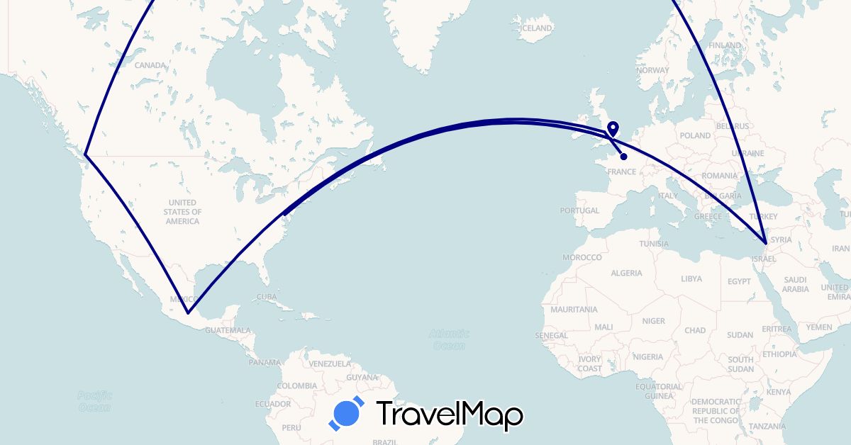 TravelMap itinerary: driving in Canada, France, United Kingdom, Lebanon, Mexico, United States (Asia, Europe, North America)